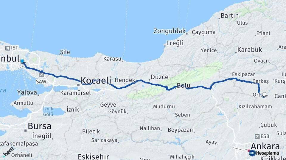 İstanbul Orta Çankırı Arası Kaç Km - Yol Haritası