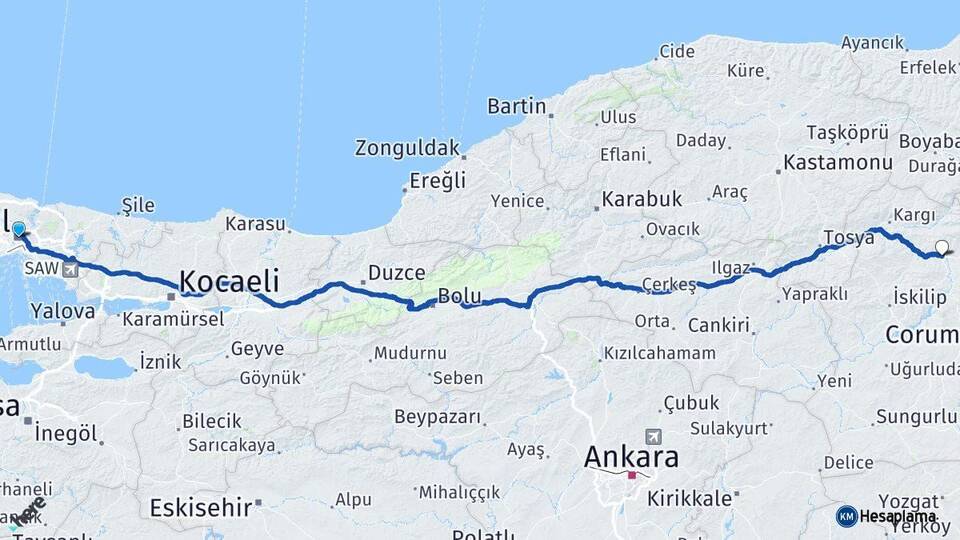 İstanbul Osmancık Çorum Arası Kaç Km - Yol Haritası