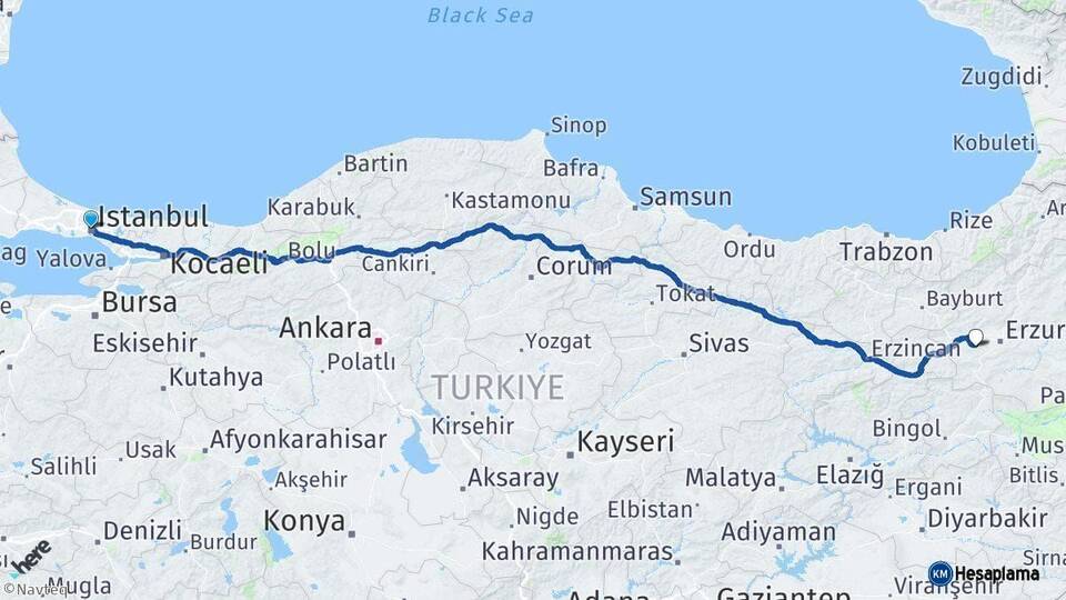 İstanbul Palandöken Erzurum Arası Kaç Km - Yol Haritası