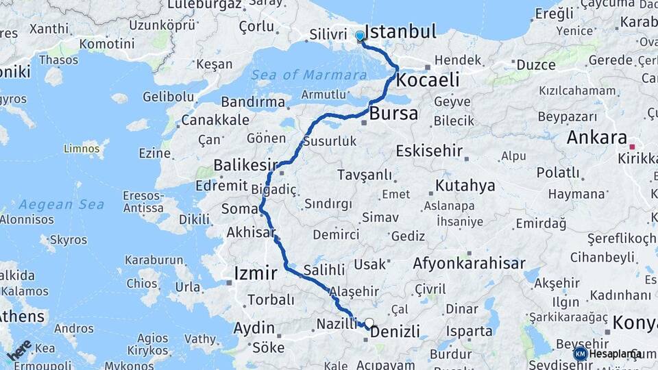 İstanbul Pamukkale Denizli Arası Kaç Km - Yol Haritası