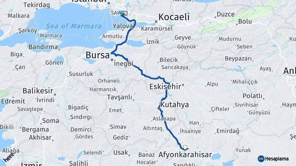 İstanbul Pendik Afyonkarahisar Arası Kaç Km - Yol Haritası