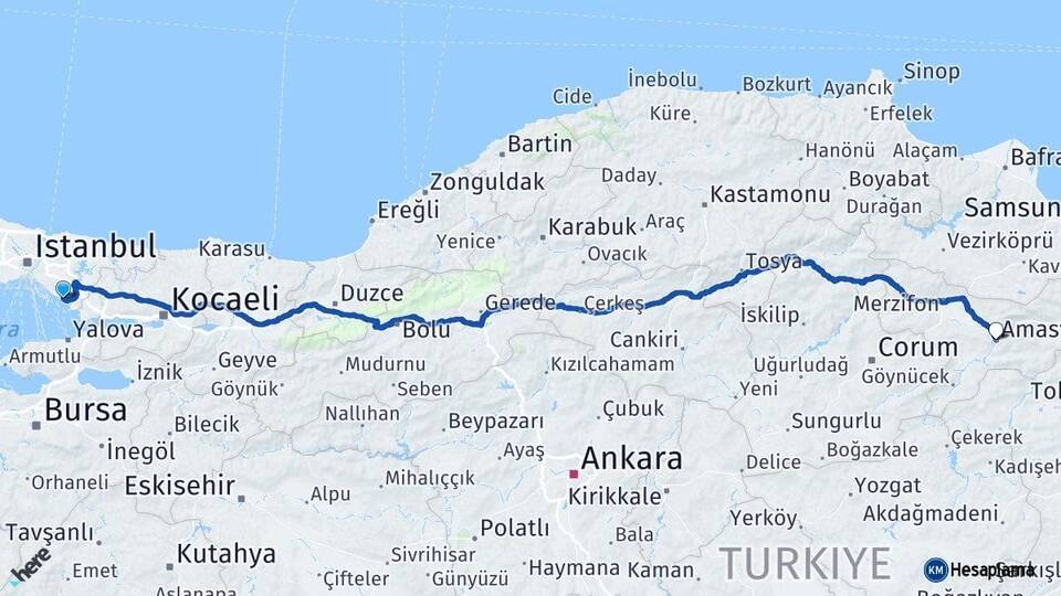 İstanbul Pendik Amasya Arası Kaç Km - Yol Haritası