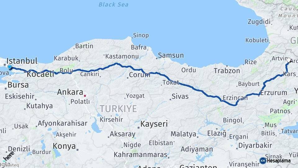 İstanbul Pendik Ardahan Arası Kaç Km - Yol Haritası