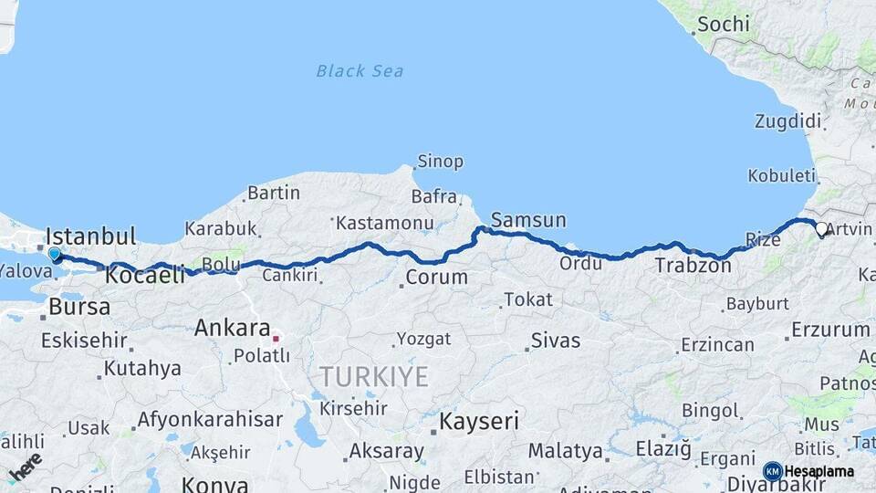 İstanbul Pendik Artvin Arası Kaç Km - Yol Haritası