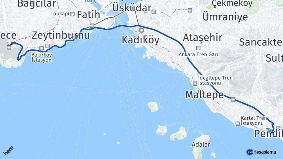 İstanbul Pendik Atatürk Havalimanı Arası Kaç Km - Yol Haritası