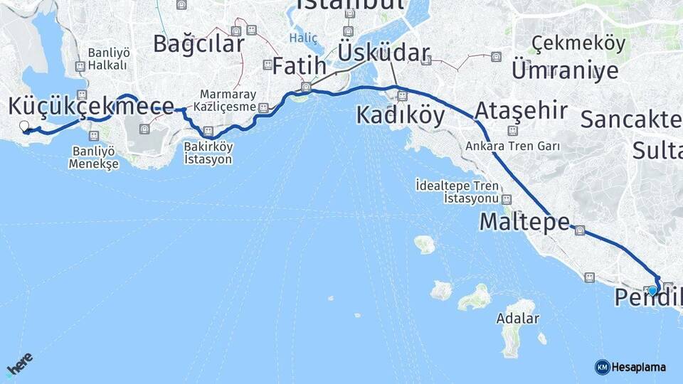 İstanbul Pendik Avcılar Arası Kaç Km - Yol Haritası
