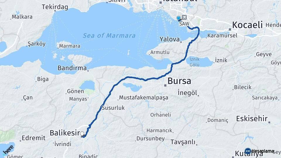 İstanbul Pendik Balıkesir Arası Kaç Km - Yol Haritası