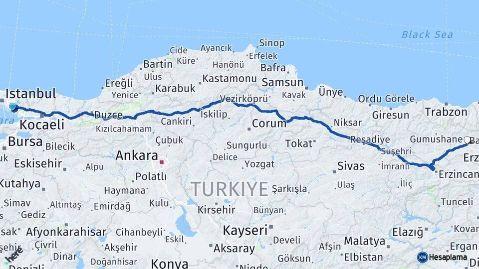 İstanbul Pendik Bayburt Arası Kaç Km - Yol Haritası