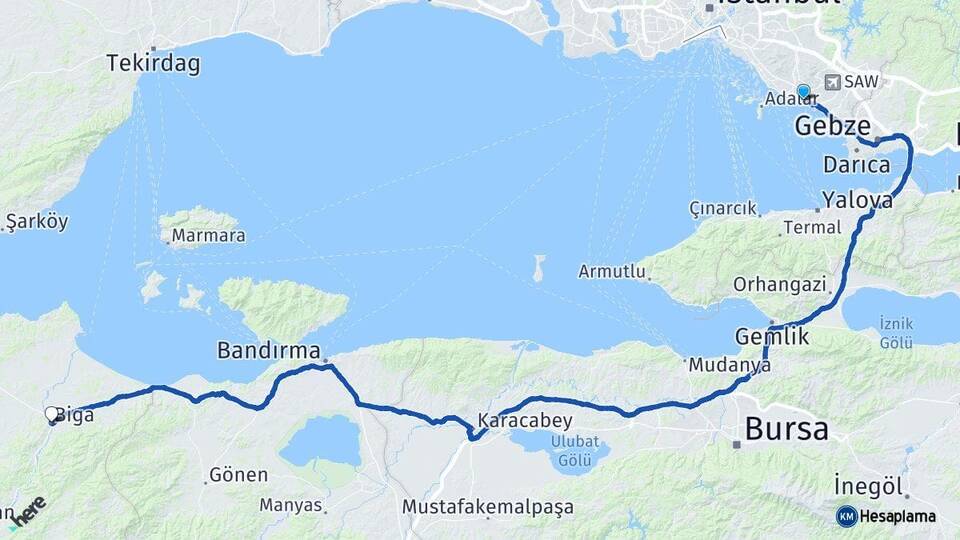 İstanbul Pendik Biga Çanakkale Arası Kaç Km - Yol Haritası