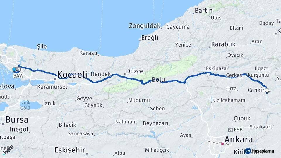 İstanbul Pendik Çankırı Arası Kaç Km - Yol Haritası