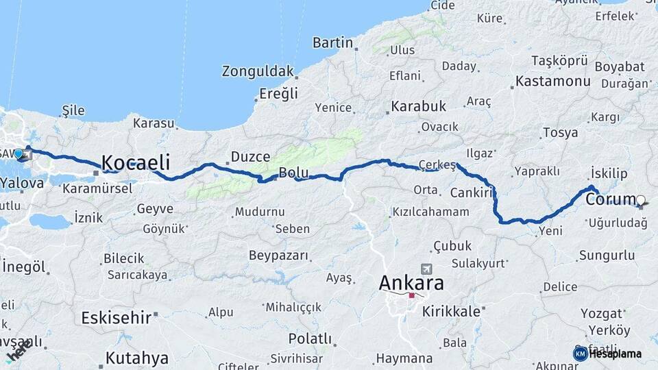 İstanbul Pendik Çorum Arası Kaç Km - Yol Haritası