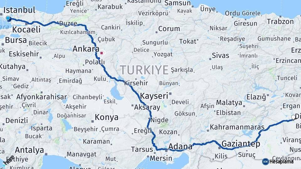 İstanbul Pendik Diyarbakır Arası Kaç Km - Yol Haritası