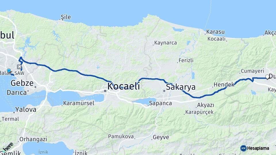 İstanbul Pendik Düzce Arası Kaç Km - Yol Haritası