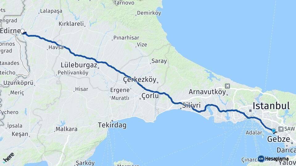 İstanbul Pendik Edirne Arası Kaç Km - Yol Haritası