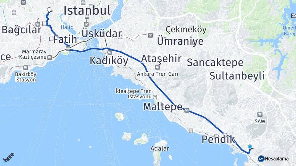 İstanbul Pendik Esenyalı Gaziosmanpaşa Arası Kaç Km - Yol Haritası