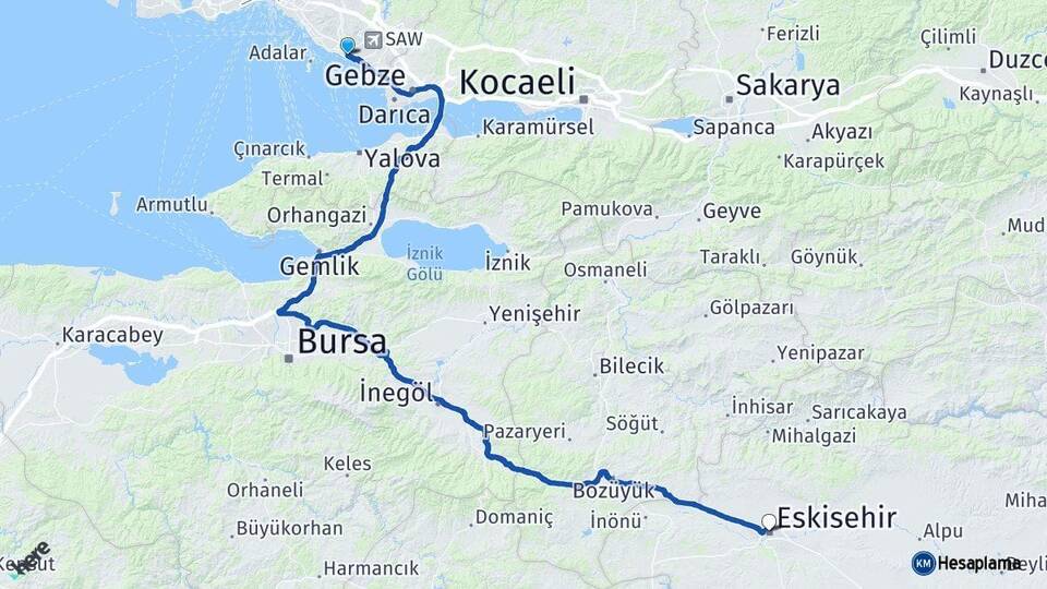 İstanbul Pendik Eskişehir Arası Kaç Km - Yol Haritası