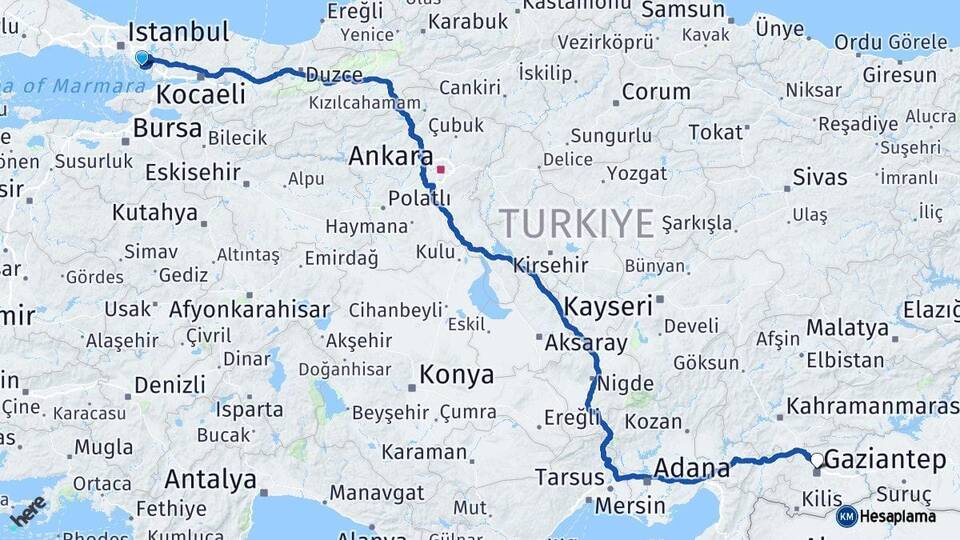İstanbul Pendik Gaziantep Arası Kaç Km - Yol Haritası