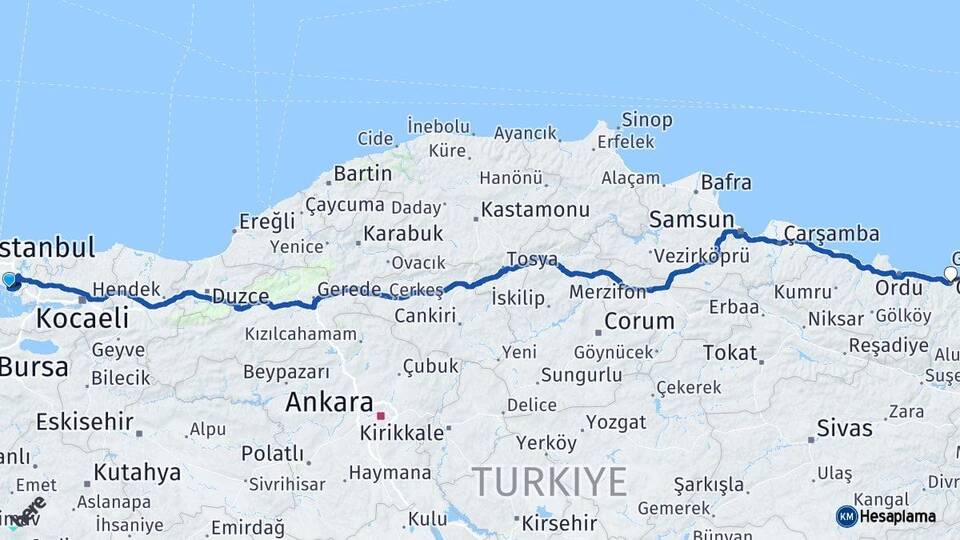 İstanbul Pendik Giresun Arası Kaç Km - Yol Haritası