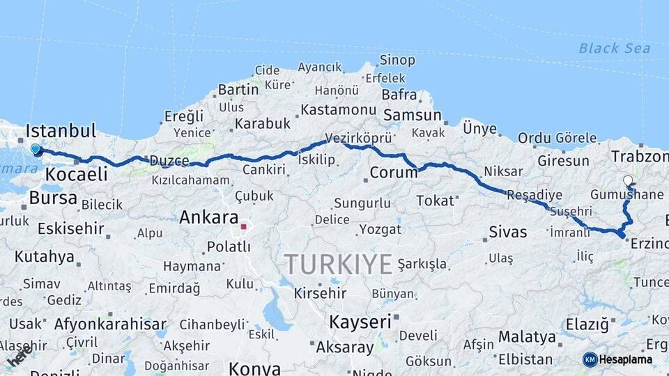 İstanbul Pendik Gümüşhane Arası Kaç Km - Yol Haritası