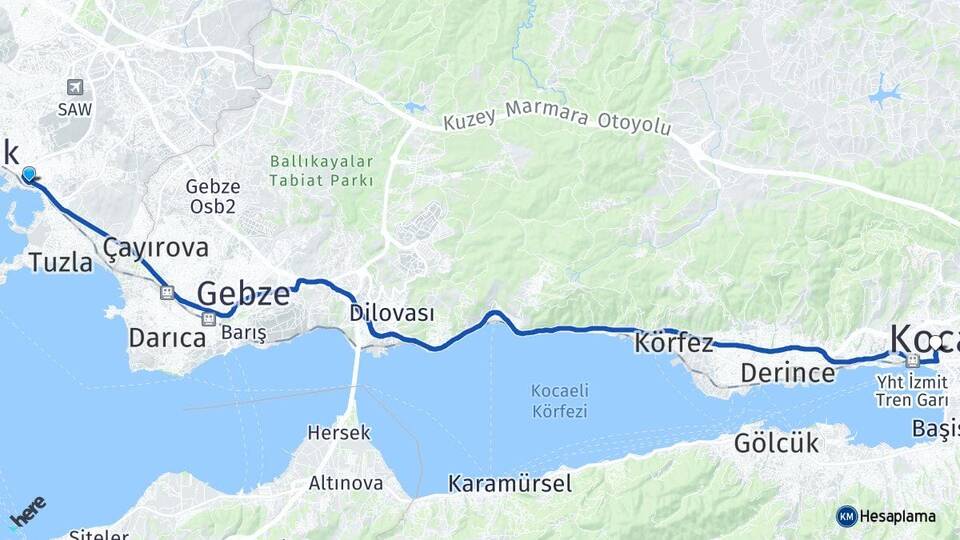 İstanbul Pendik Güzelyalı İzmit Kocaeli Arası Kaç Km - Yol Haritası