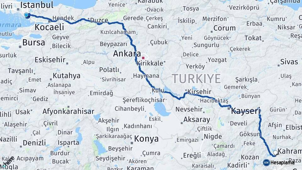 İstanbul Pendik Kahramanmaraş Arası Kaç Km - Yol Haritası