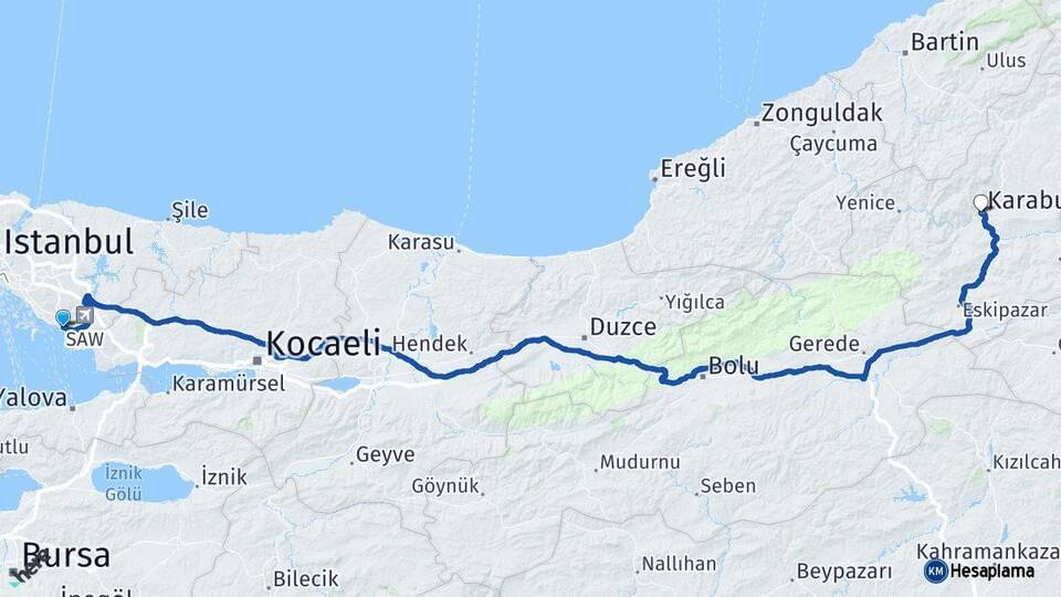 İstanbul Pendik Karabük Arası Kaç Km - Yol Haritası
