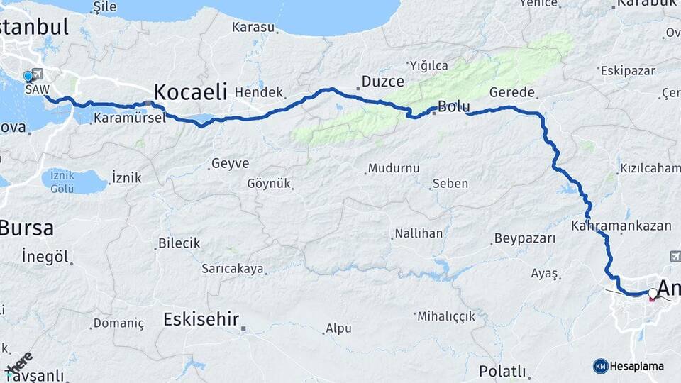 İstanbul Pendik Kaynarca Ankara Arası Kaç Km - Yol Haritası