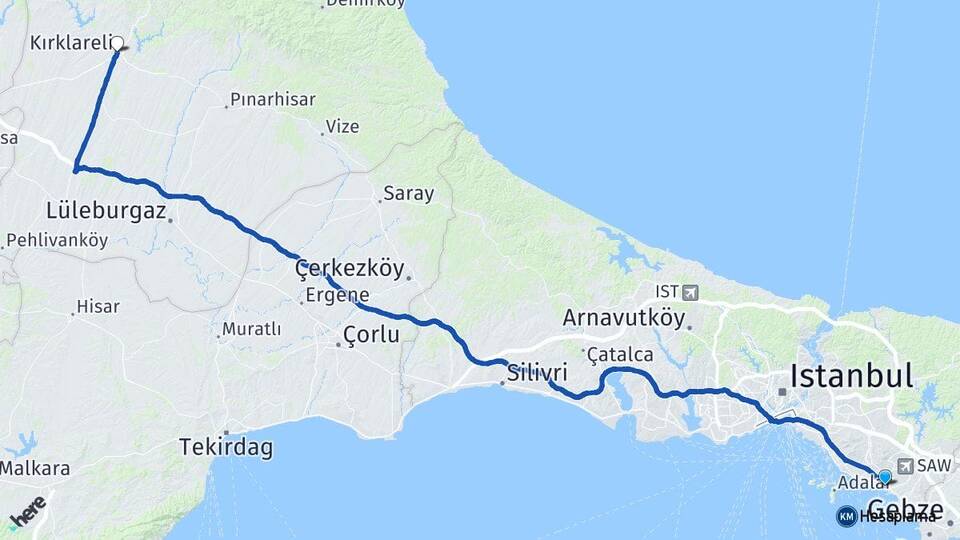İstanbul Pendik Kaynarca Kırklareli Arası Kaç Km - Yol Haritası