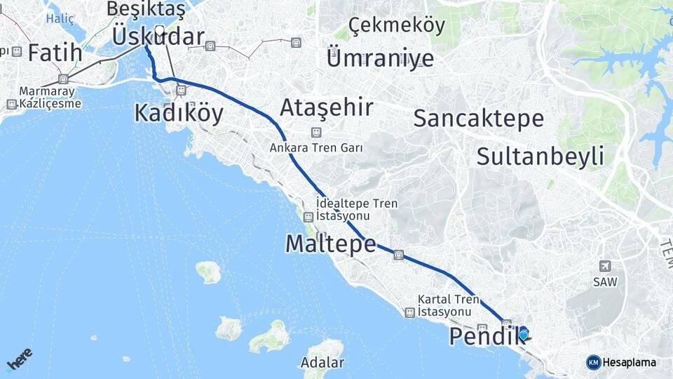 İstanbul Pendik Kaynarca Üsküdar Arası Kaç Km - Yol Haritası