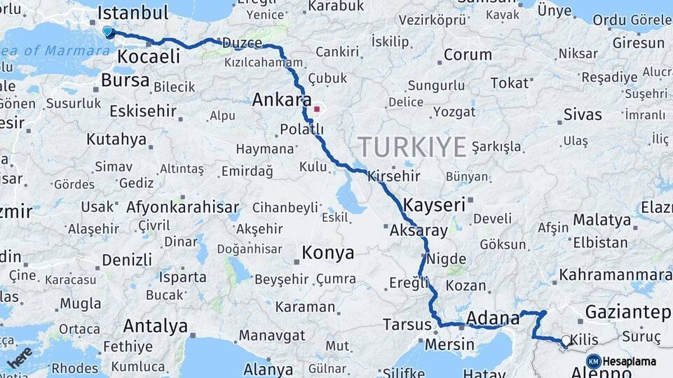 İstanbul Pendik Kilis Arası Kaç Km - Yol Haritası