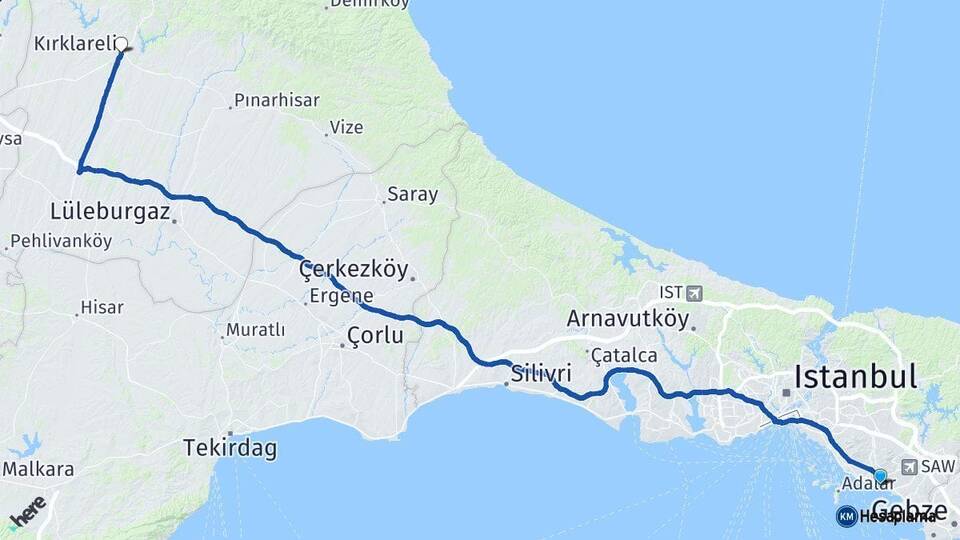 İstanbul Pendik Kırklareli Arası Kaç Km - Yol Haritası