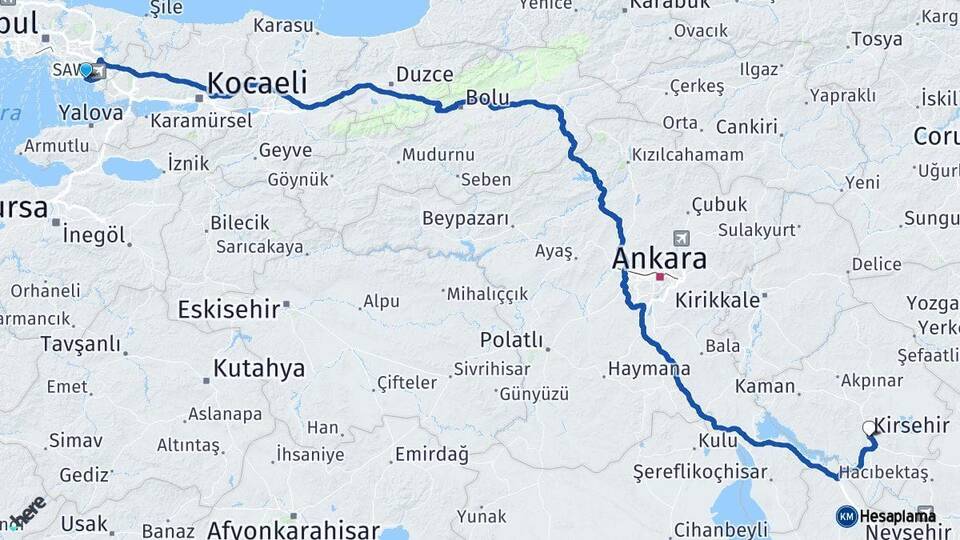 İstanbul Pendik Kırşehir Arası Kaç Km - Yol Haritası