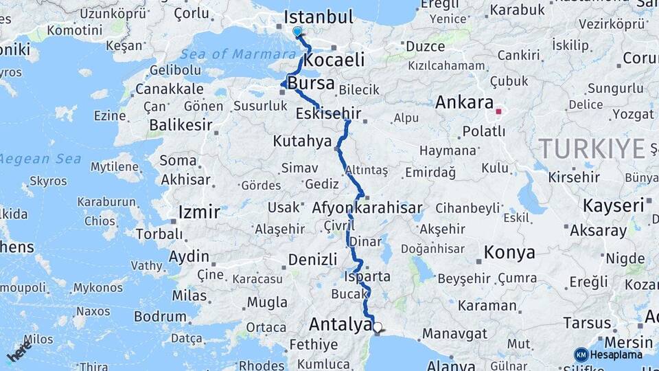 İstanbul Pendik Kurtköy Antalya Arası Kaç Km - Yol Haritası