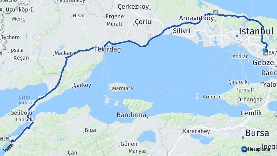 İstanbul Pendik Kurtköy Çanakkale Arası Kaç Km - Yol Haritası
