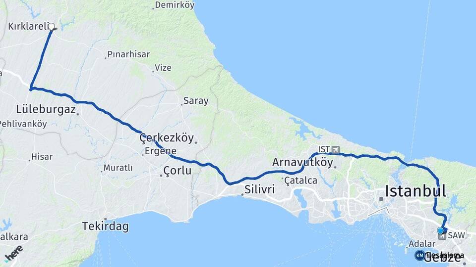 İstanbul Pendik Kurtköy Kırklareli Arası Kaç Km - Yol Haritası