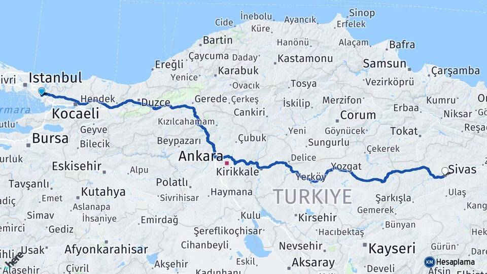 İstanbul Pendik Kurtköy Sivas Arası Kaç Km - Yol Haritası