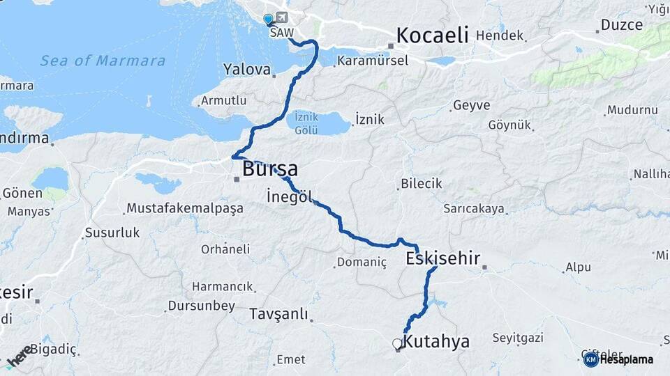 İstanbul Pendik Kütahya Arası Kaç Km - Yol Haritası