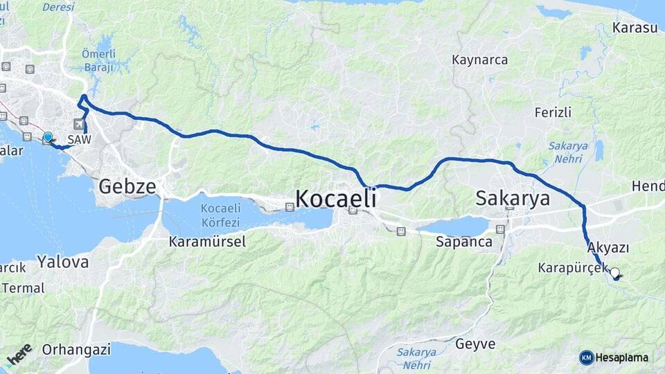 İstanbul Pendik Kuzuluk Topçusırtı Akyazı Sakarya Arası Kaç Km - Yol Haritası