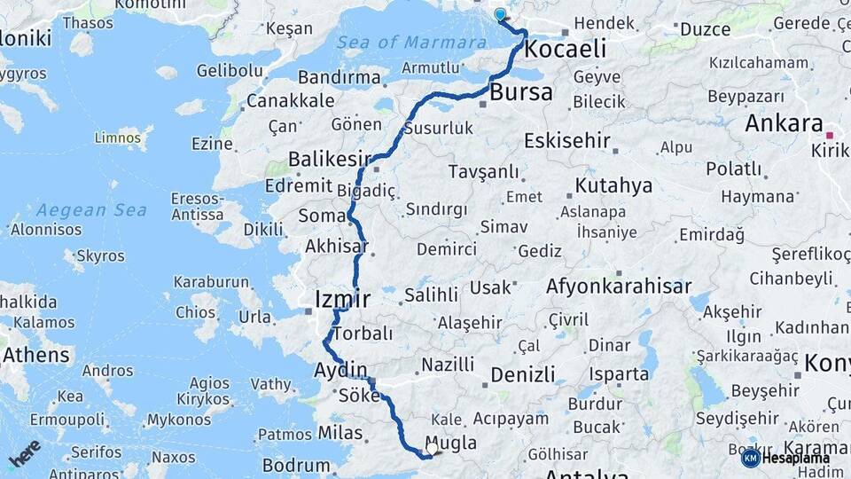 İstanbul Pendik Muğla Arası Kaç Km - Yol Haritası