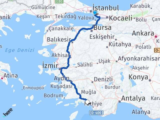 İstanbul Pendik Muğla Dalaman Havalimanı Arası Kaç Km - Yol Haritası