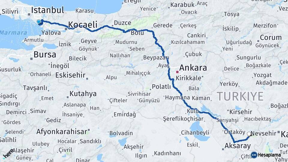 İstanbul Pendik Nevşehir Arası Kaç Km - Yol Haritası