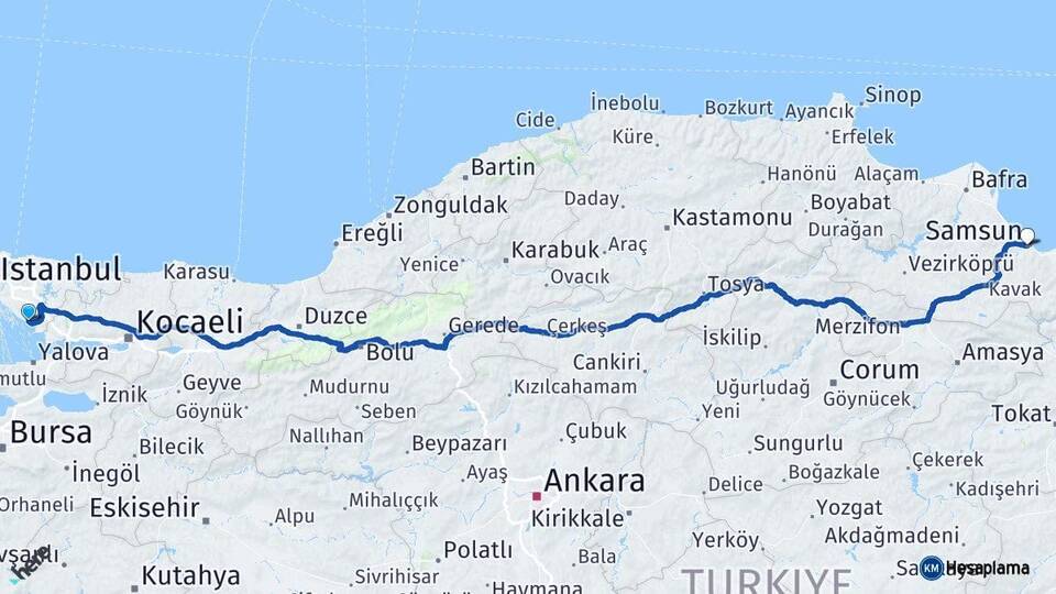 İstanbul Pendik Samsun Arası Kaç Km - Yol Haritası