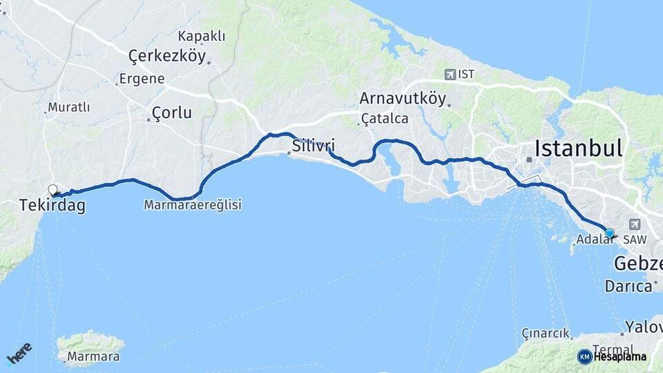 İstanbul Pendik Tekirdağ Arası Kaç Km - Yol Haritası