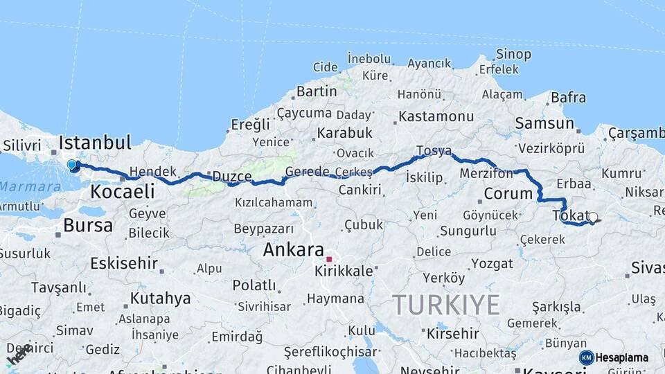 İstanbul Pendik Tokat Arası Kaç Km - Yol Haritası