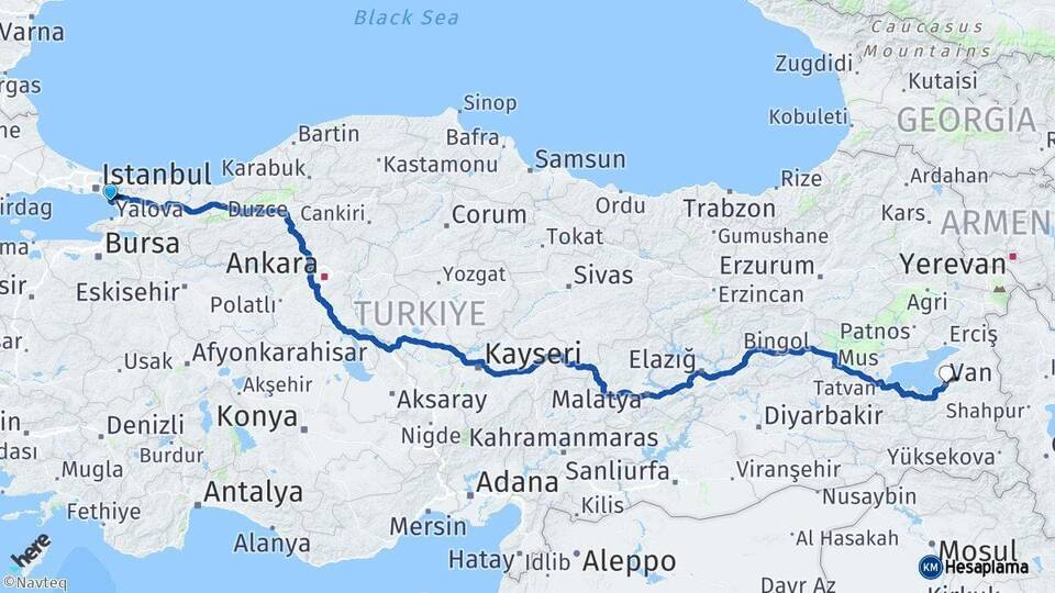 İstanbul Pendik Van Arası Kaç Km - Yol Haritası