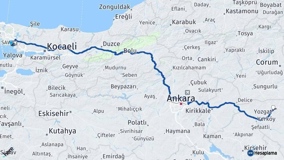 İstanbul Pendik Yozgat Arası Kaç Km - Yol Haritası