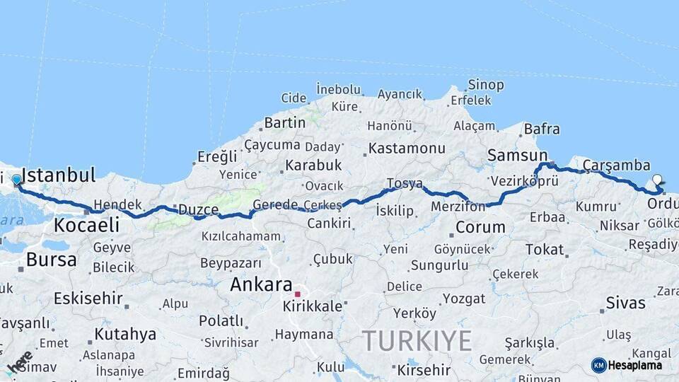 İstanbul Perşembe Ordu Arası Kaç Km - Yol Haritası