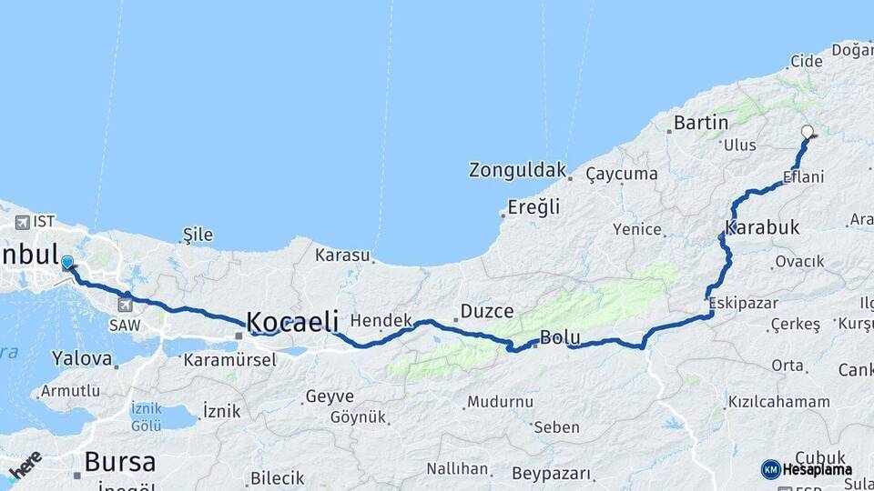 İstanbul Pınarbaşı Kastamonu Arası Kaç Km - Yol Haritası