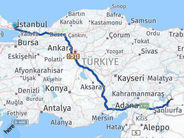 İstanbul Ş.Urfa GAP Havalimanı Arası Kaç Km - Yol Haritası