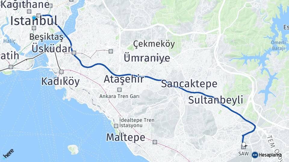 İstanbul Sabiha Gökçen Havalimanı Arası Kaç Km - Yol Haritası